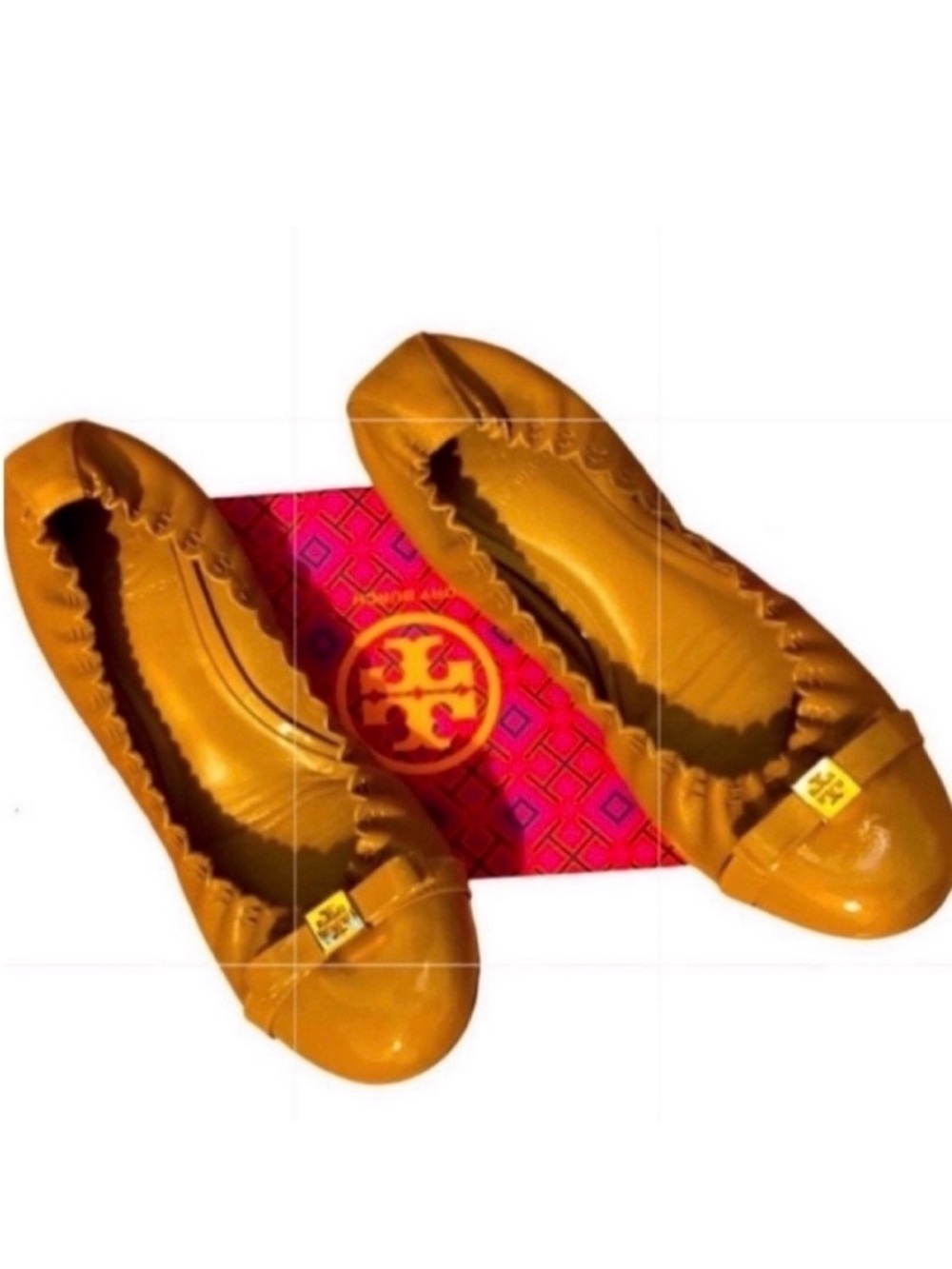 Tory Burch Mustard Yellow Patent Toe Ballet Flats with Gold Logo - Picture 2 of 3